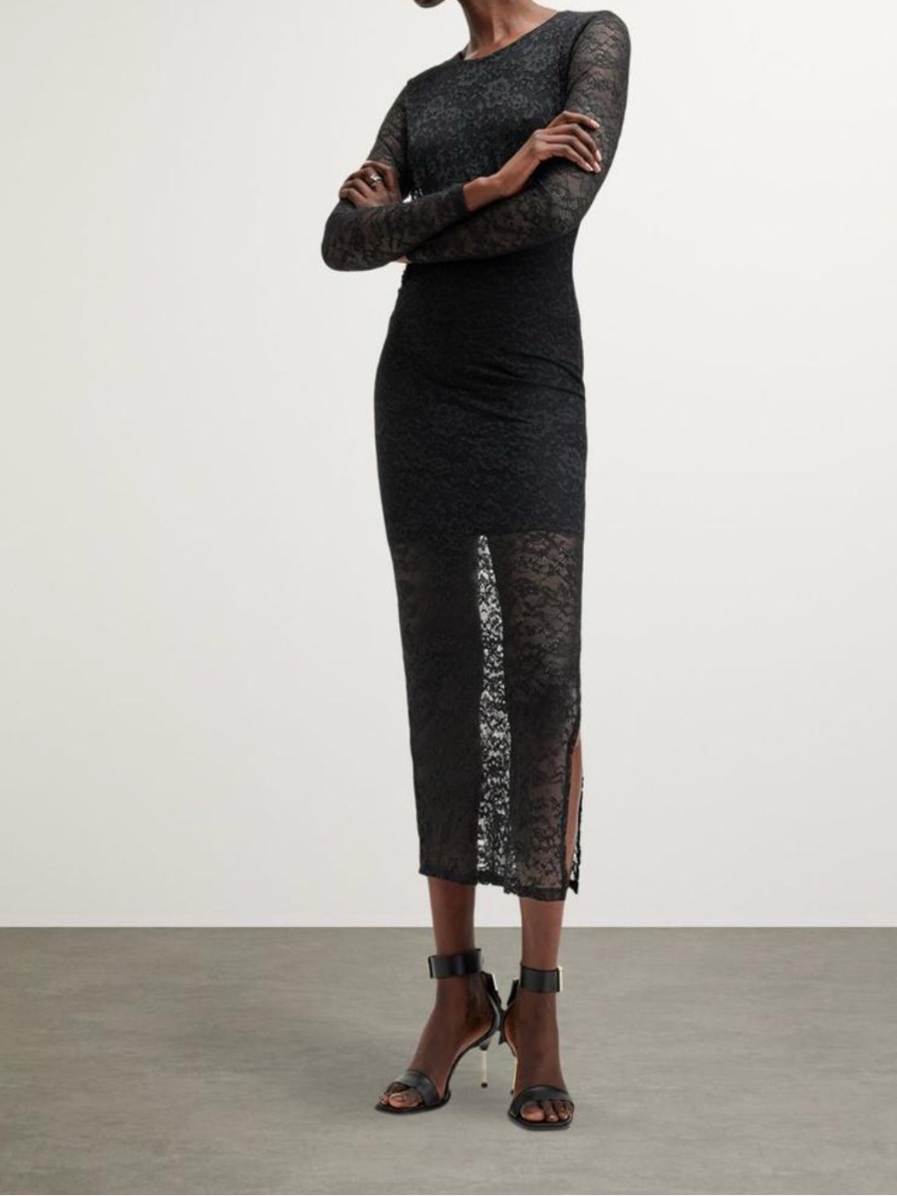 AllSaints Black Lace Long-Sleeve Midi Dress